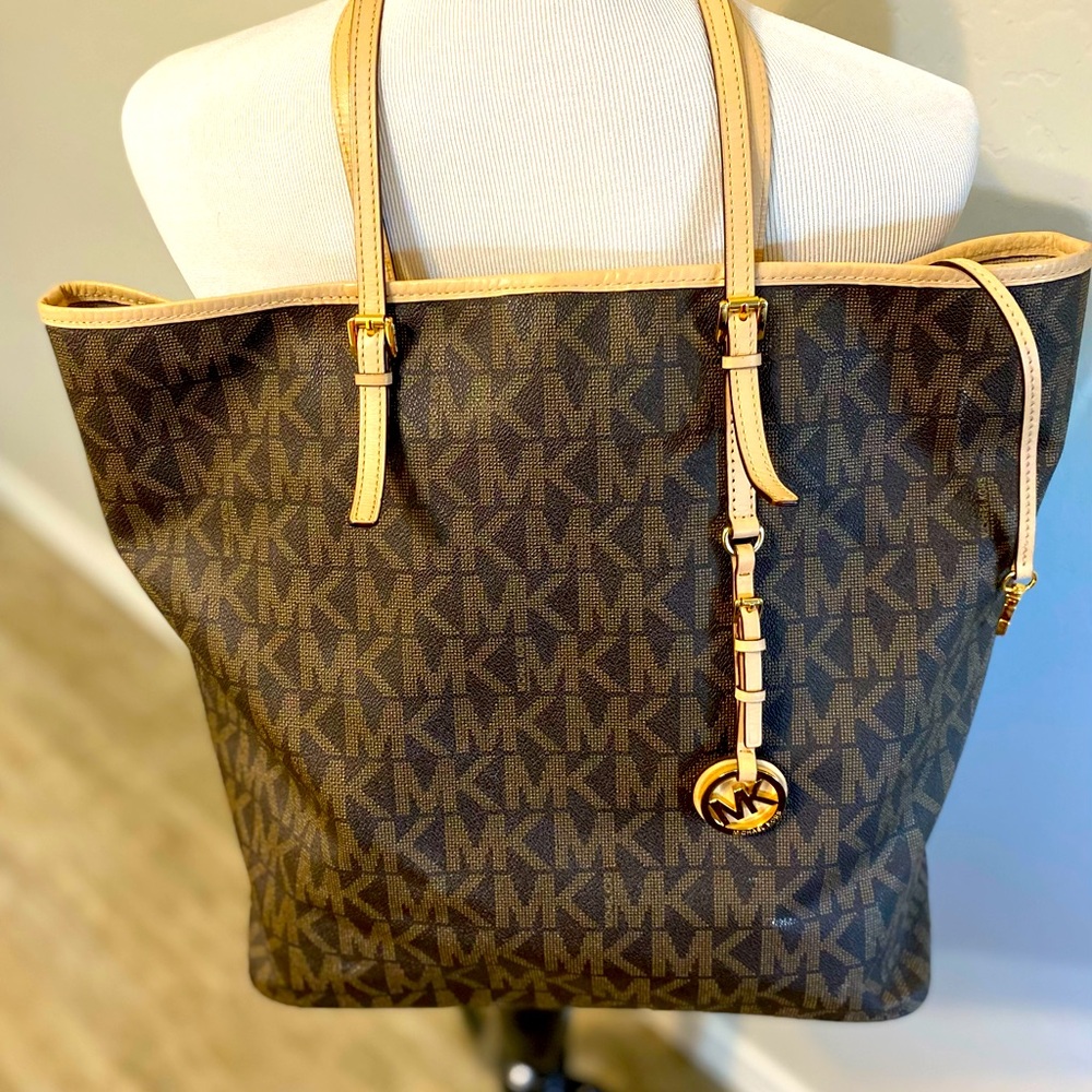 Michael Kors Brown Signature Coated Canvas Jet Set Tote